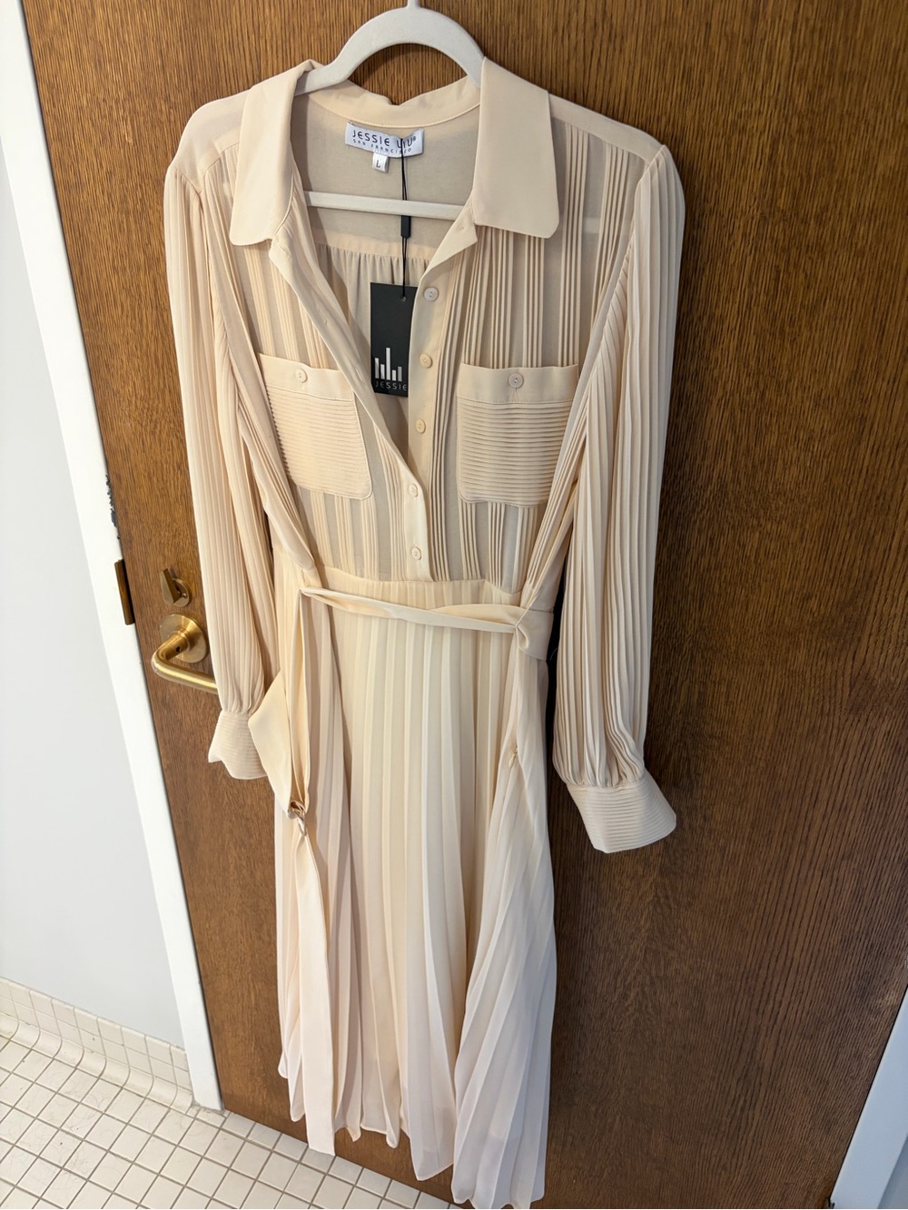 Pleated Long-Sleeve Shirt Dress in Cream